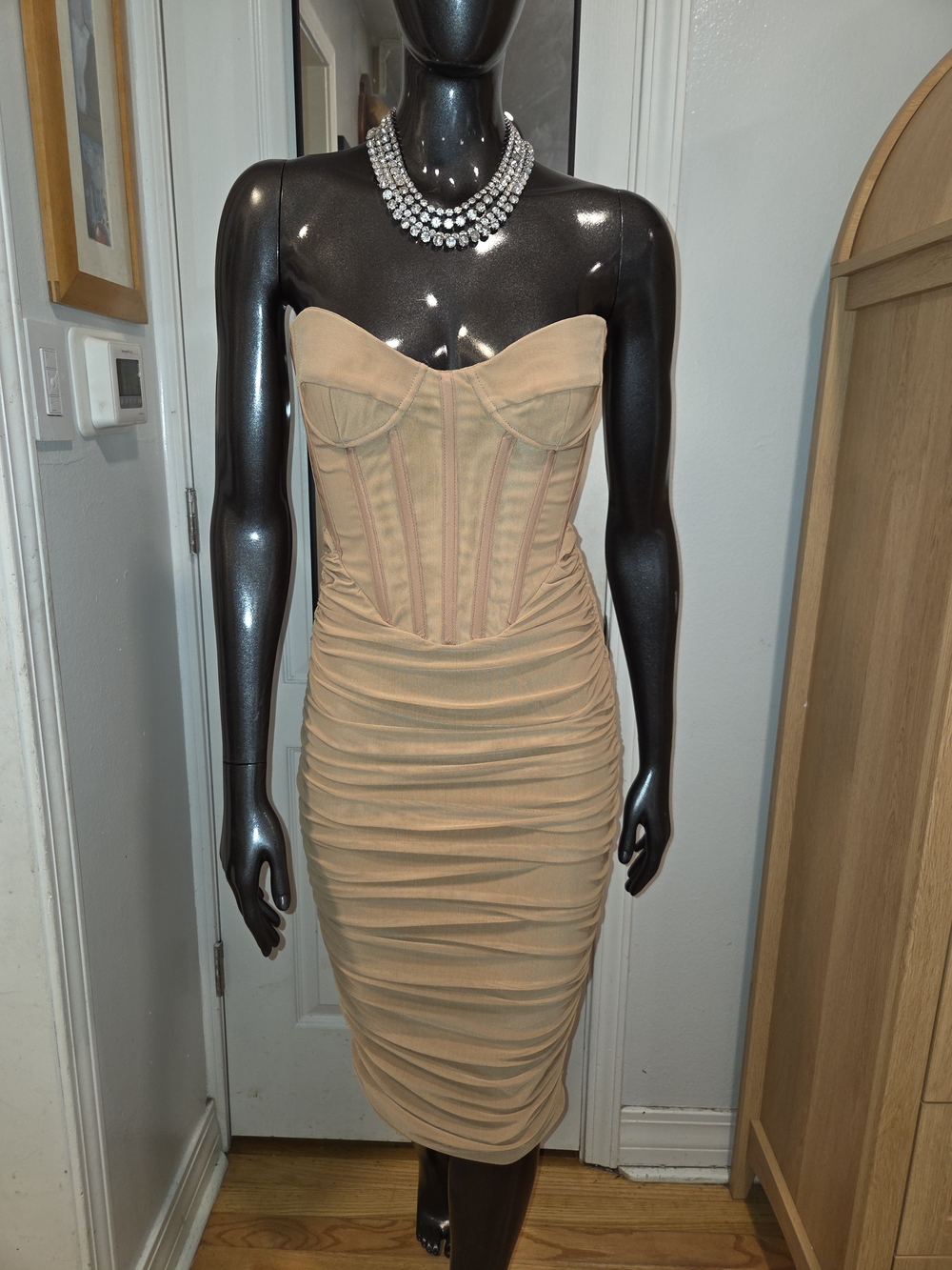 Bardot Sexy Strapless Nude Ruched Corset Dress Sz 4